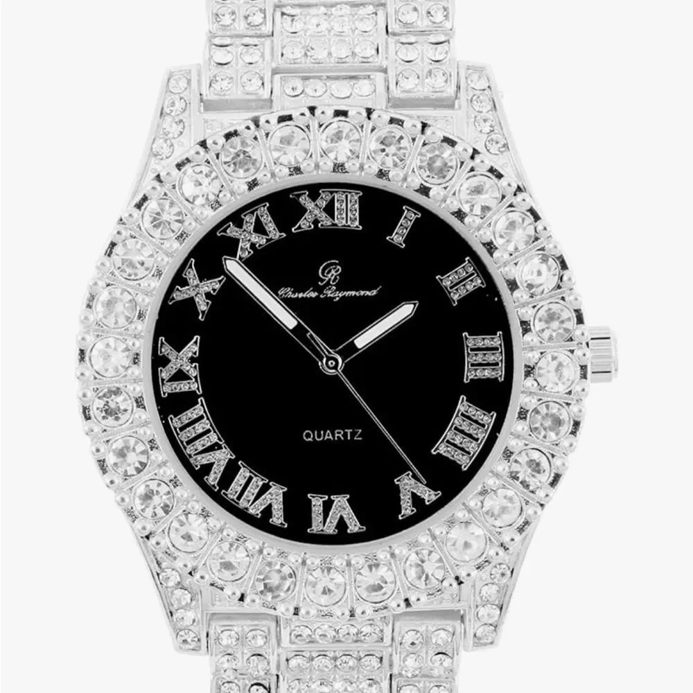 Iced Out Roman Numeral BustDown Watch Silver Black Dial HipHop Bling Quartz